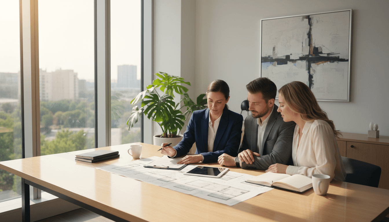 Real estate professional reviewing property documents with clients