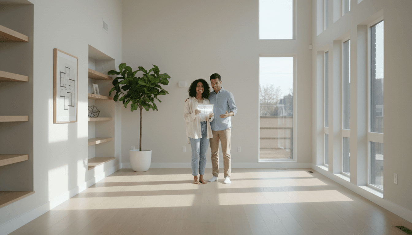 Professional real estate agent showing a modern home interior to a couple